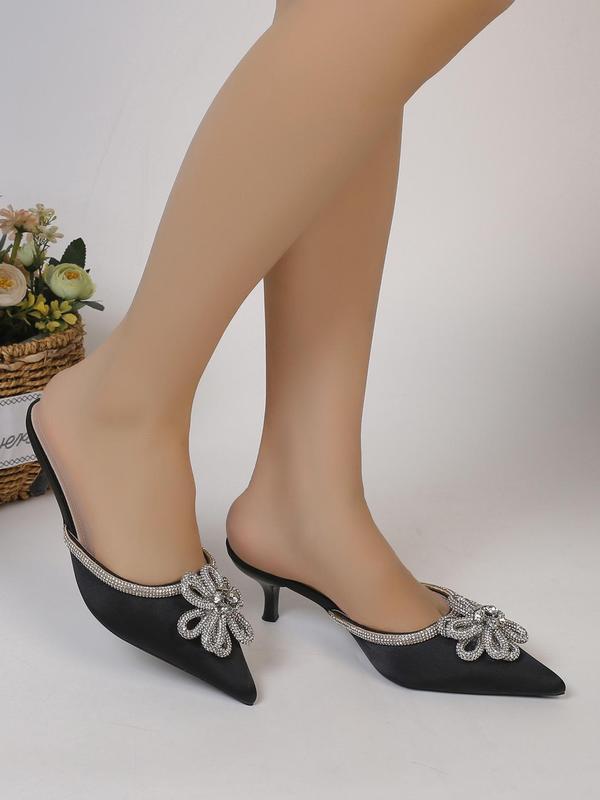 Women's Fashion Rhinestone Floral Decor Pointed Toe High Heels, Backless Slip-on Stilettos Heels, Rhinestone Embellished Mules Heels for Wedding Party Evening