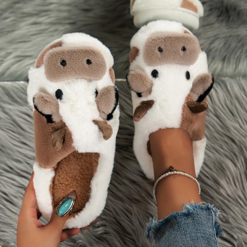 Women Men Cute Cotton Slippers Cartoon Plush Animal Cow Cotton Slippers Indoor Outdoor Puppy Slippers Footwear Walking Shoes