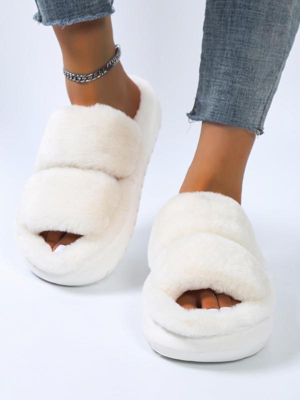 Women's Summer Comfort Solid Color Fluffy Slide Slippers, 2024 Summer Double Strap Bedroom Slippers, Girl Casual Soft Plush Home Slippers, Footwear & Walking Shoes