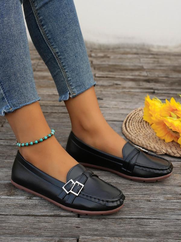 Women's Solid Pu Leather Slip-on Flats, Comfortable Buckle Decor Round Toe Flat Shoes, Lightweight Shoes for Women & Girls, Teen Girl Walking Shoes, Footwear