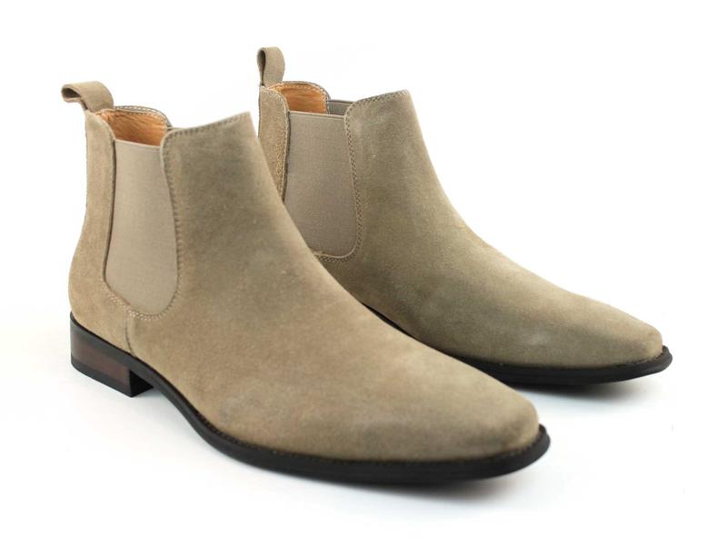 Men's Real Suede Tan Chelsea Boots Ankle High Pull On Round Toe Slip Resistant Block Heel AZARMAN