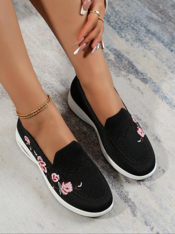 Women's Floral Embroidery Slip on Low Top Sneakers, Casual Comfortable Breathable Running Shoes, All-match Commuter Shoes for Work & Daily Wear