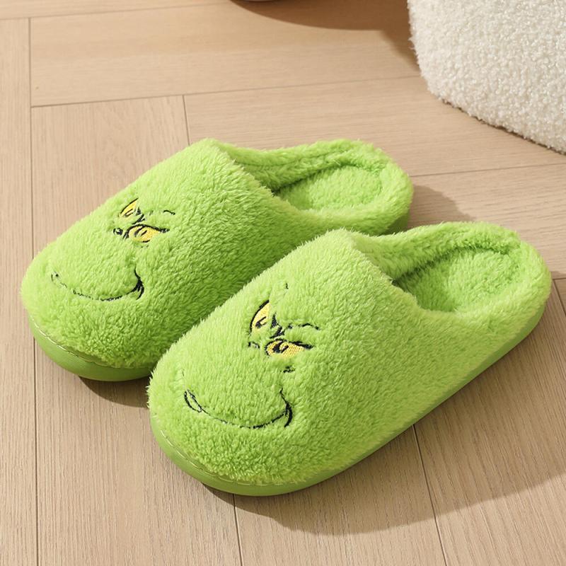 Cute Cartoon Slippers The Slipper Soft Green Plush Slipper Fluffy Weird FaceSlipper Winter Christmas Shoes Santa Gift Slipper for Couple Men Women cute slippers