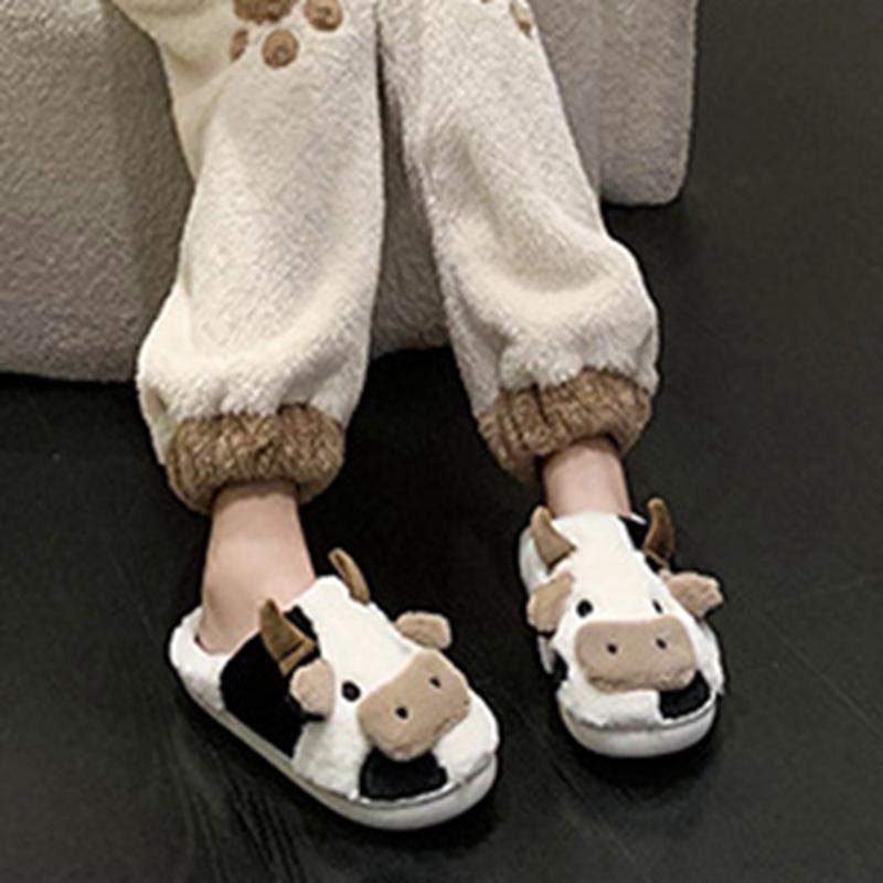 Women's Cow Slippers Winter Soft Cartoon Cute Cow Slides Clog House Shoes for Indoor