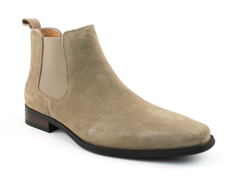 Men's Real Suede Tan Chelsea Boots Ankle High Pull On Round Toe Slip Resistant Block Heel AZARMAN