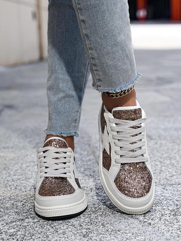 Women's Fashionable Glittering Lace Up Low Top Sneakers, Star Patched Skate Shoes, Casual Comfortable Non-slip Sports Running Shoes, Female All-match Round Toe Shoes for Daily Wear