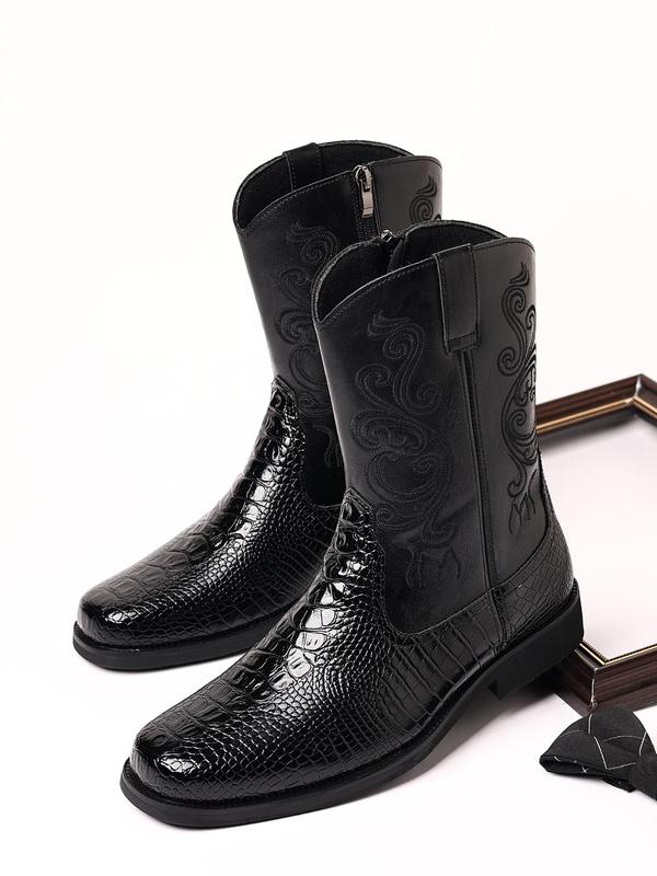 Men's Fashionable Casual Embroidery Design Mid-calf Boots Shoes As Gifts, Vintage Style Crocodile Embossed Design Boots for Daily Wear, Perfect for Men for Party, Fall Outfits, Earthtone Fall Freshness Boots for Fall 2024, Birthday Outfits