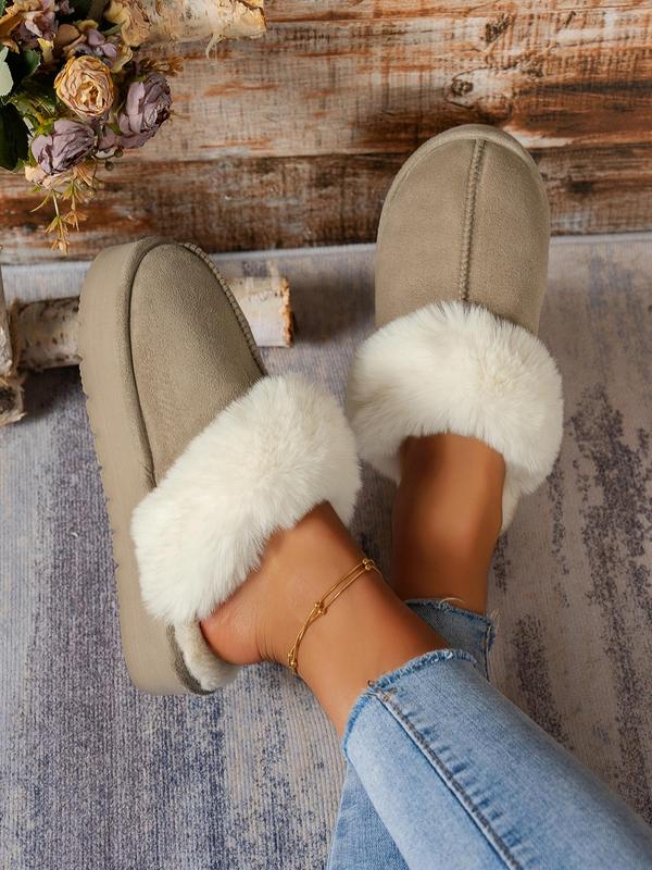 Women's Solid Color Contrast Faux Fur Slippers, Casual Soft Comfortable Home Slippers, Warm Slippers for Indoor & Outdoor Use for Fall & Winter