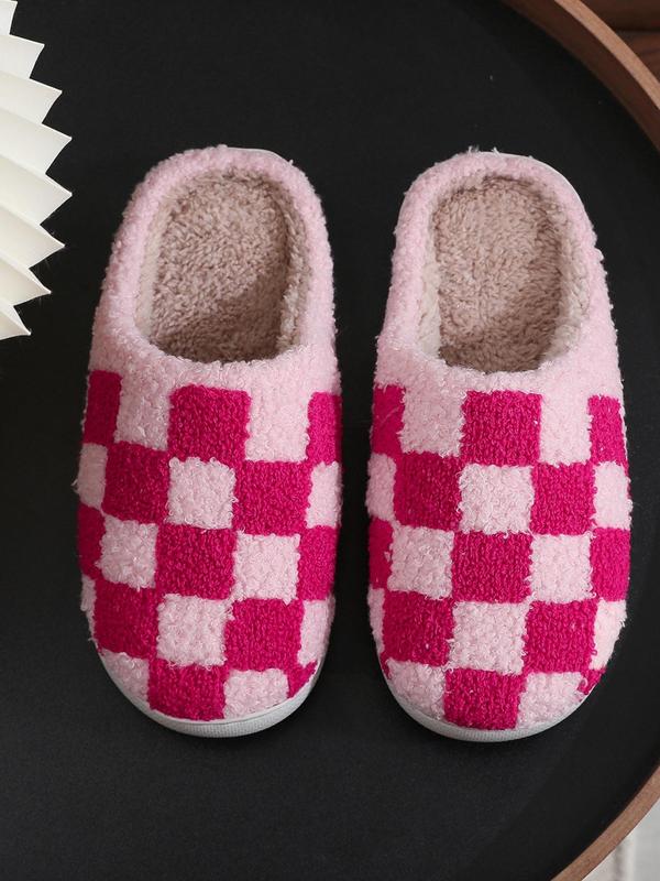 Women's Checkerboard Pattern Plush Slippers, Casual Soft Comfortable Home Slippers, Warm Slippers for Indoor & Outdoor Use for Fall & Winter