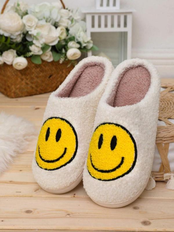 Women's Cute Cartoon Smile Face Design Plush Slippers, Casual Soft Comfortable Home Slippers, Warm Slippers for Indoor & Outdoor Use for Fall & Winter,  House Slippers