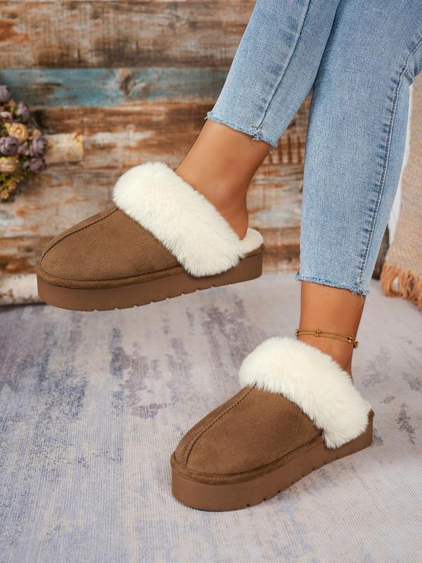 Women's Solid Color Contrast Faux Fur Slippers, Casual Soft Comfortable Home Slippers, Warm Slippers for Indoor & Outdoor Use for Fall & Winter