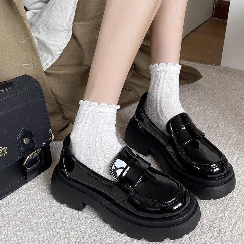 Muffin Platform Leather Shoes Women's Small Loafers British Black Women's Thin Shoes