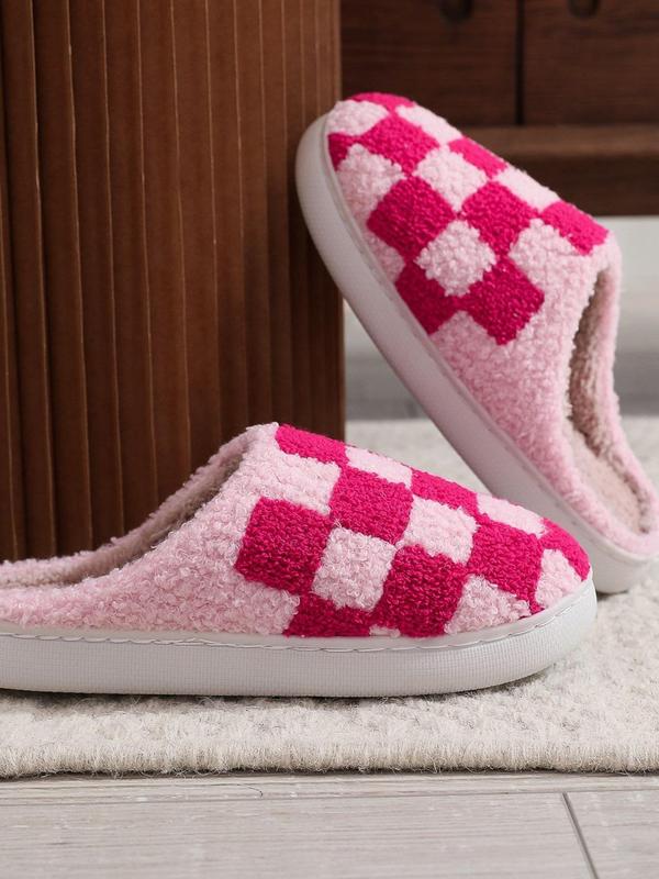 Women's Checkerboard Pattern Plush Slippers, Casual Soft Comfortable Home Slippers, Warm Slippers for Indoor & Outdoor Use for Fall & Winter