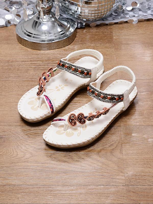 Women's Fashionable Heart Decor Toe Thong Slip on Sandals, Boho Style Slip on Braid Sandals for Beach Vacation, Casual Versatile Flat Sandals for Summer