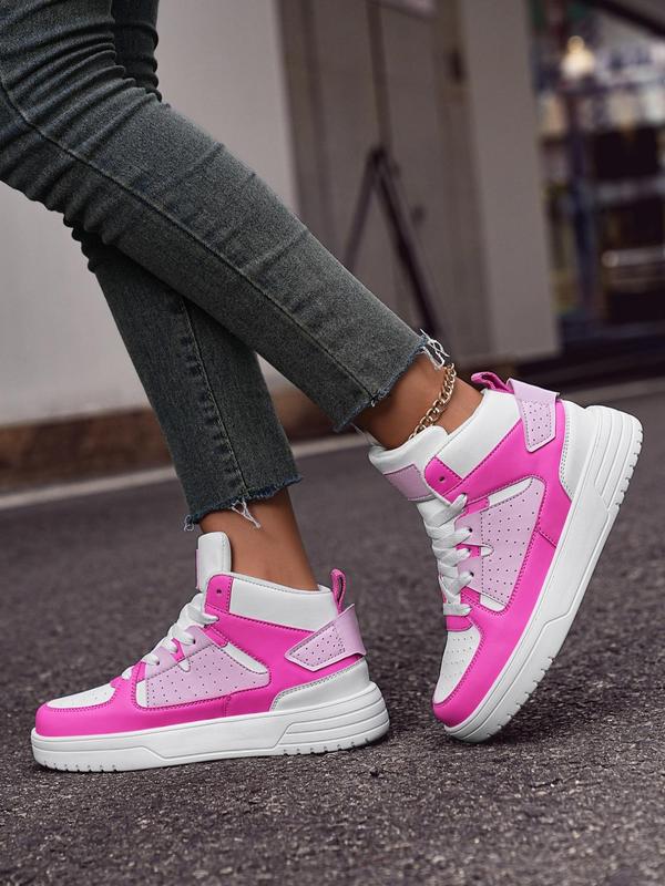 Women's Fashion Colorblock Patched Design Lace Up High Top Sneakers, Casual Comfortable Breathable Non-slip Skate Shoes, Female All-match Round Toe Sports Shoes for Daily Wear