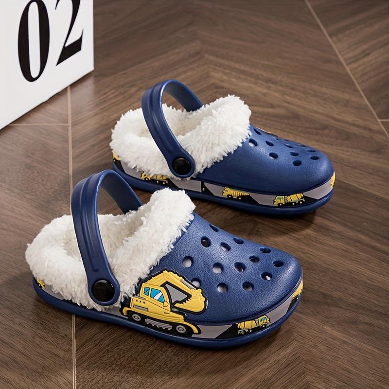 Cute Cartoon plus Wool House Shoes Boys, Comfortable and Warm Clogs Set in Indoor Home, Autumn and Winter