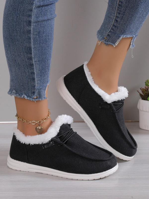 Women's 2024 Fashion Contrast Faux Fur Design Slip-on Shoes, Casual Comfortable Warm Thermal Lined Sports Shoes for Fall & Winter, Lace Up Front Winter Loafers, Walking Shoes As Gift