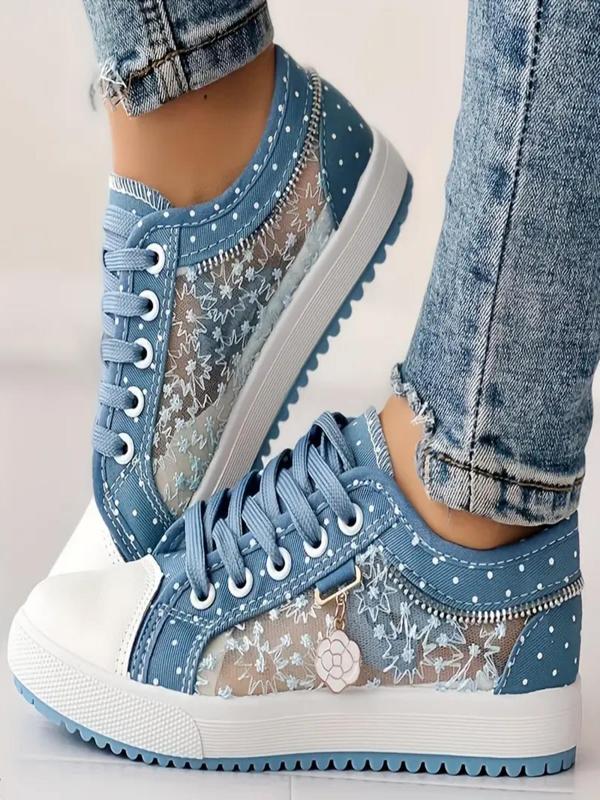 Women's Fashionable Embroidered Design Lace Mesh Sneakers, Casual Comfortable Breathable Sports Shoes, Female All-match Round Toe Shoes for Daily Wear