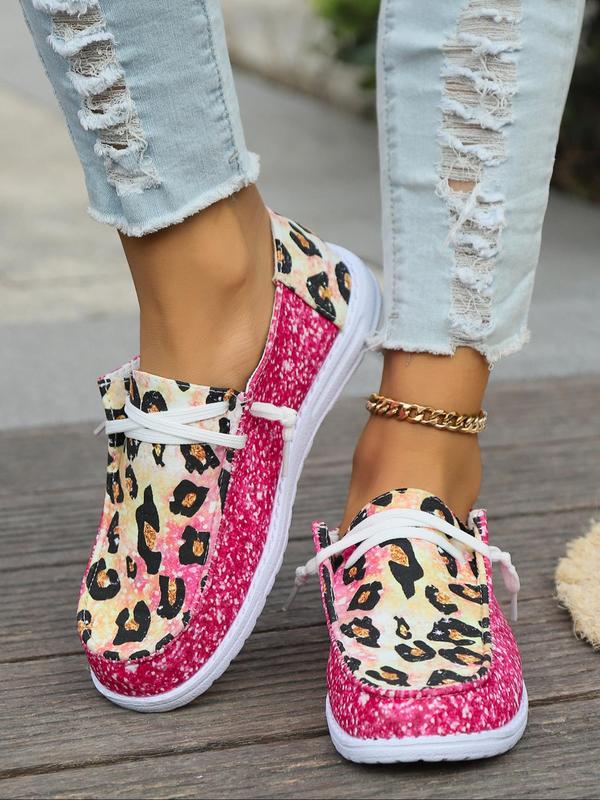 Women's Fashion Glitter Leopard Lace Up Sports Shoes, Casual Comfortable Round Toe Sneakers, All-match Commuter Athletic Running Designer Trainer for Work & Daily Footwear for Girl, 2024 Walking Shoes