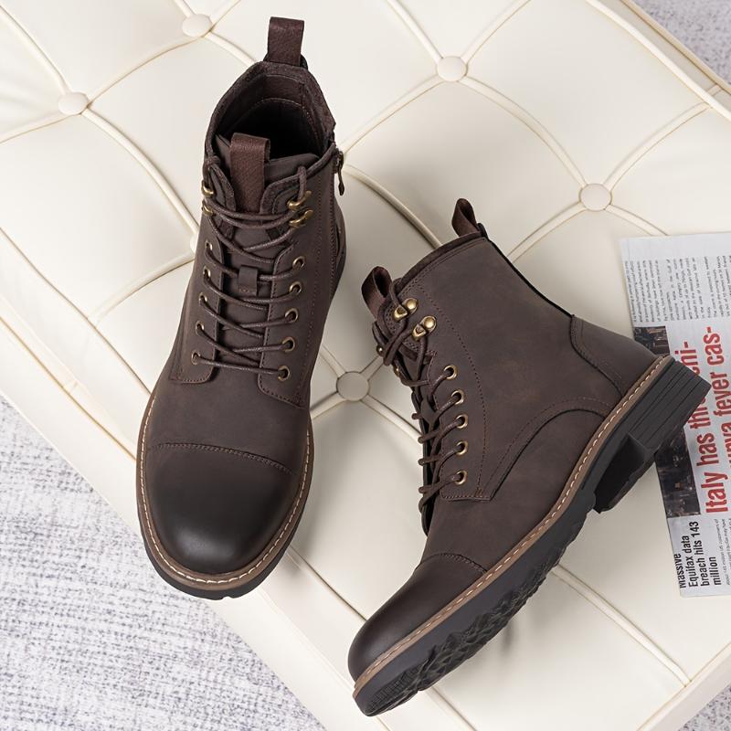 Men's Solid Cap Toe Dress Boots With PU Leather Uppers, Wear-resistant Non Slip Lace-up High Top Boots For Men's Outdoor Activities