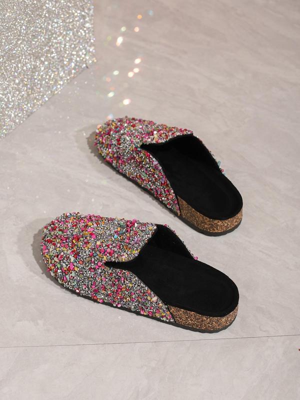 Women's Fashionable Rhinestone & Sequins Decorated Slip on Sandals, Casual Comfortable Flat Sandals for Beach, Fashionable Shoes for Daily Wear