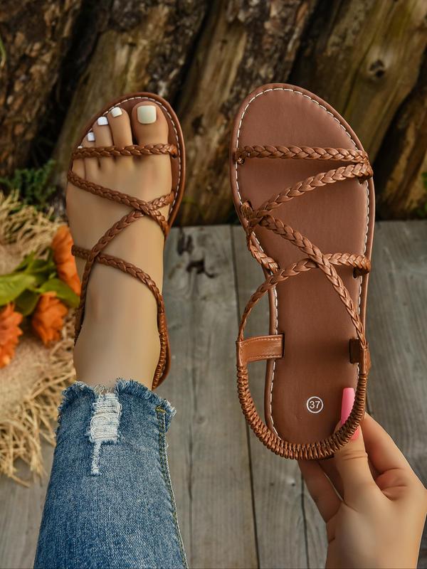 Women's Fashionable Plain Color Crossed Strap Slip on Sandals, Casual Open Toe Flat Sandals for Beach Vacation, Lightweight Comfortable Barefoot Shoes for Daily Wear