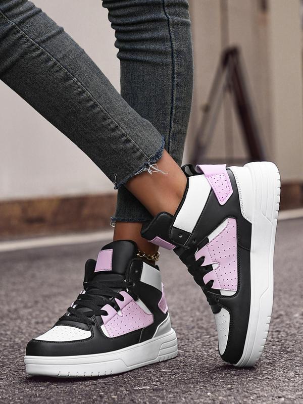 Women's Fashion Colorblock Patched Design Lace Up High Top Sneakers, Casual Comfortable Breathable Non-slip Skate Shoes, Female All-match Round Toe Sports Shoes for Daily Wear