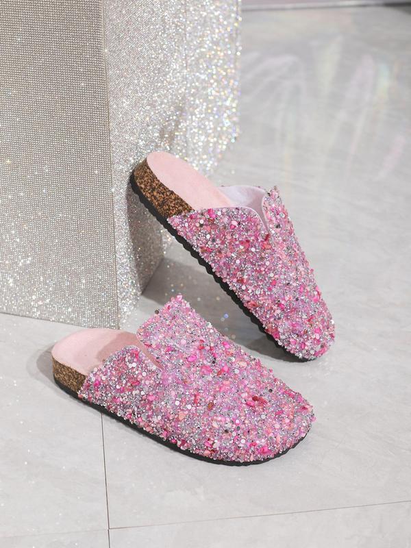 Women's Fashionable Rhinestone & Sequins Decorated Slip on Sandals, Casual Comfortable Flat Sandals for Beach, Fashionable Shoes for Daily Wear