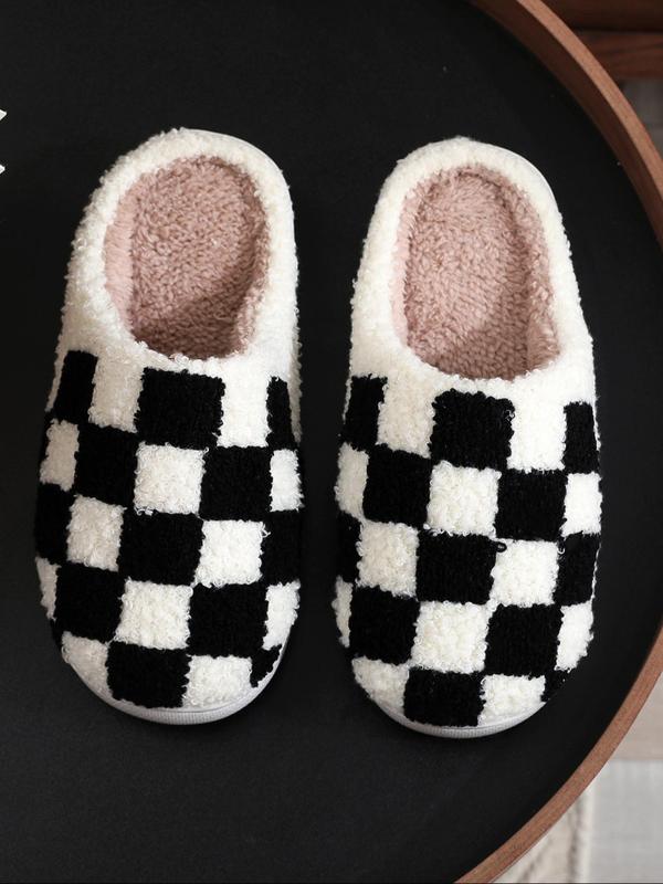 Women's Checkerboard Pattern Plush Slippers, Casual Soft Comfortable Home Slippers, Warm Slippers for Indoor & Outdoor Use for Fall & Winter