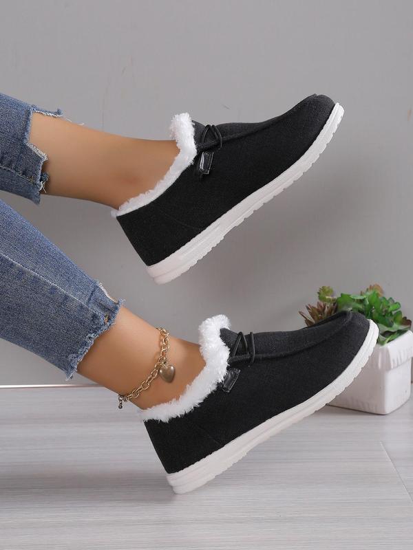 Women's 2024 Fashion Contrast Faux Fur Design Slip-on Shoes, Casual Comfortable Warm Thermal Lined Sports Shoes for Fall & Winter, Lace Up Front Winter Loafers, Walking Shoes As Gift