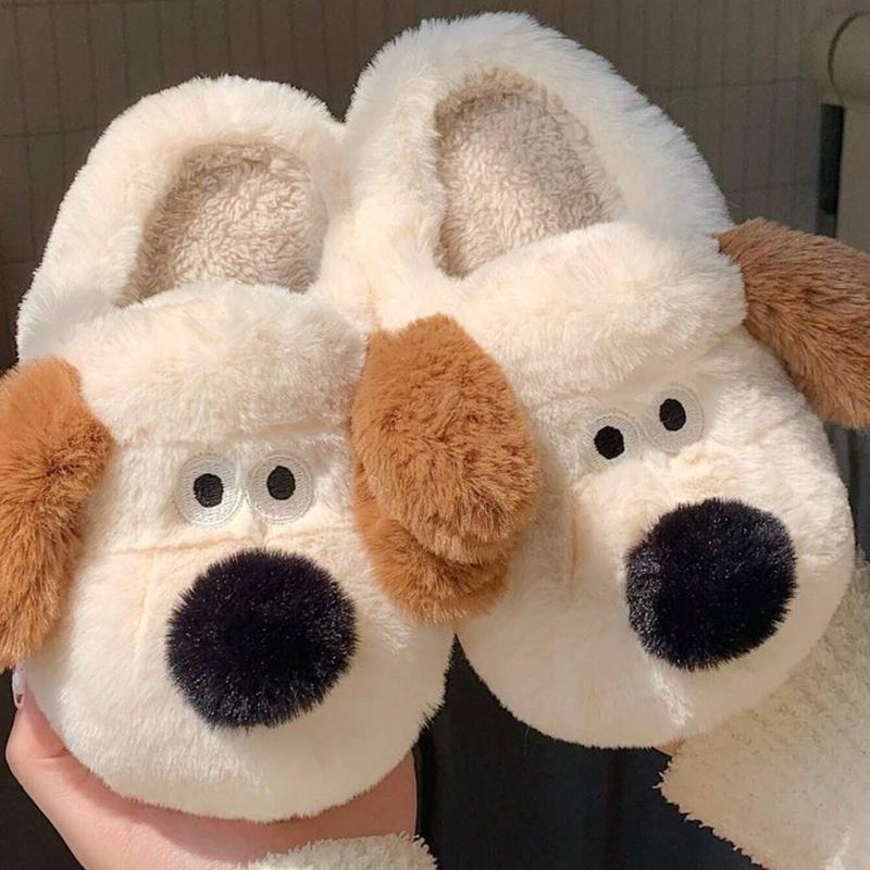 Women's Cute Fall Winter Indoor Slippers with 3D Dog Shaped Design in Light Beige - Thick Anti-Slip Warm Plush Slippers,Girl Footwear Walking Shoes