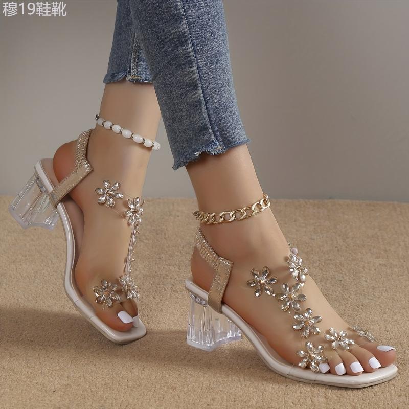 Summer Elegance High Heel Sandals - Sparkling Flower Rhinestone, Square Toe with Transparent Block Heel and Elastic Ankle Strap Footwear Shoe