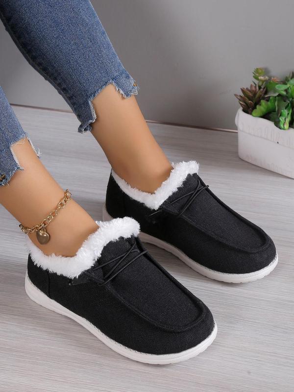 Women's 2024 Fashion Contrast Faux Fur Design Slip-on Shoes, Casual Comfortable Warm Thermal Lined Sports Shoes for Fall & Winter, Lace Up Front Winter Loafers, Walking Shoes As Gift