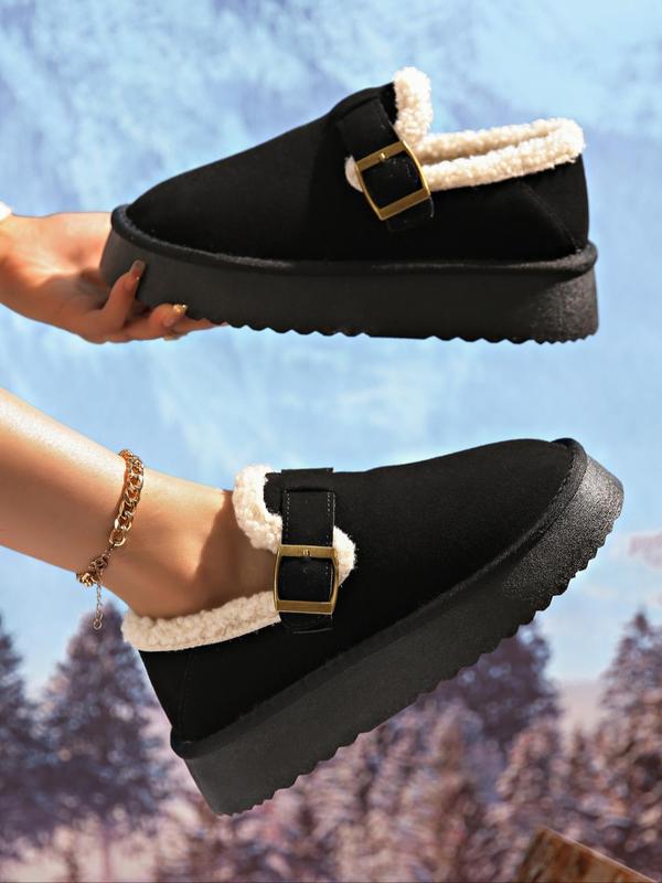 Women's Fashionable Contrast Faux Fur Belted Design Slippers, Casual Soft Comfortable Home Slippers, Warm Slippers for Indoor & Outdoor Use for Fall & Winter