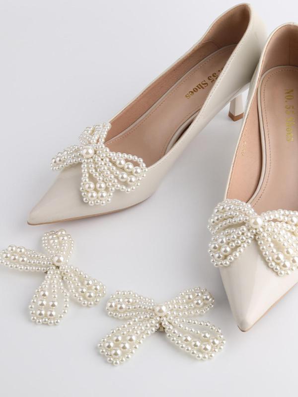 Faux Pearl Decorated Bowknot Design Shoe Clips, Cute Elegant Removable Shoe Decoration Charms for High Heels, Fashionable Shoes Accessories for Women & Girls