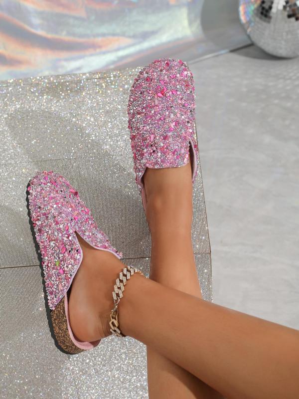 Women's Fashionable Rhinestone & Sequins Decorated Slip on Sandals, Casual Comfortable Flat Sandals for Beach, Fashionable Shoes for Daily Wear