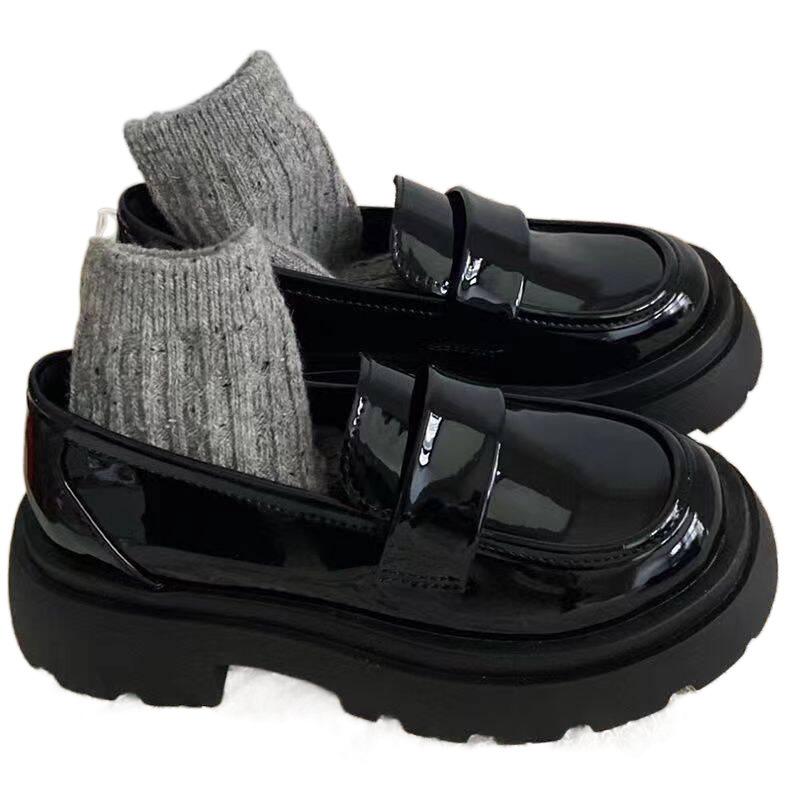 Muffin Platform Leather Shoes Women's Small Loafers British Black Women's Thin Shoes