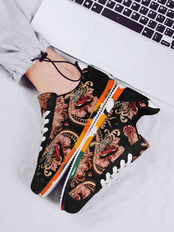 Men's Fashionable Boho Style Lace Up Low Top Sneakers, Casual Comfortable Flower Design Sports Shoes for Daily Wear, Breathable Non-slip Sneakers