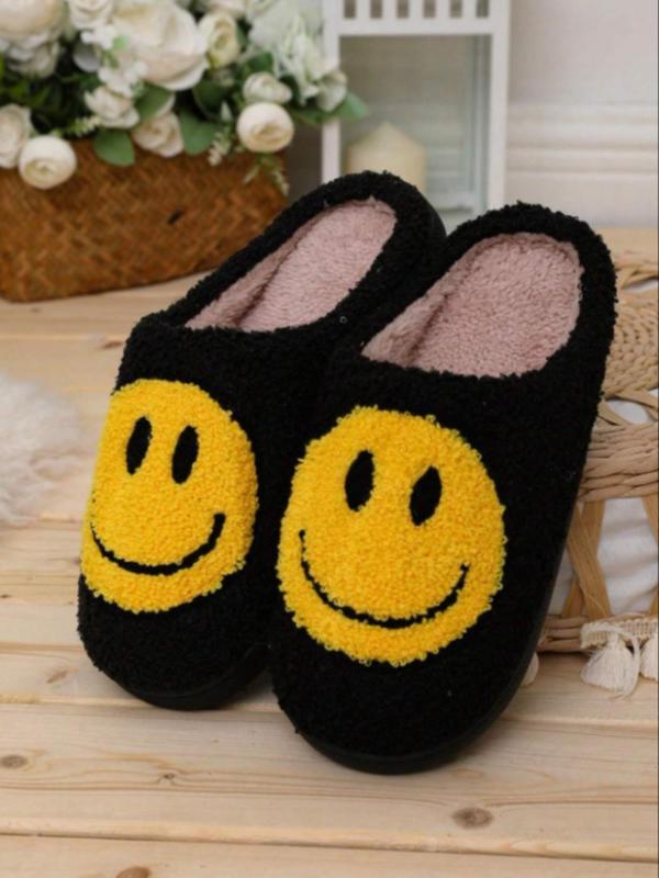 Women's Cute Cartoon Smile Face Design Plush Slippers, Casual Soft Comfortable Home Slippers, Warm Slippers for Indoor & Outdoor Use for Fall & Winter,  House Slippers