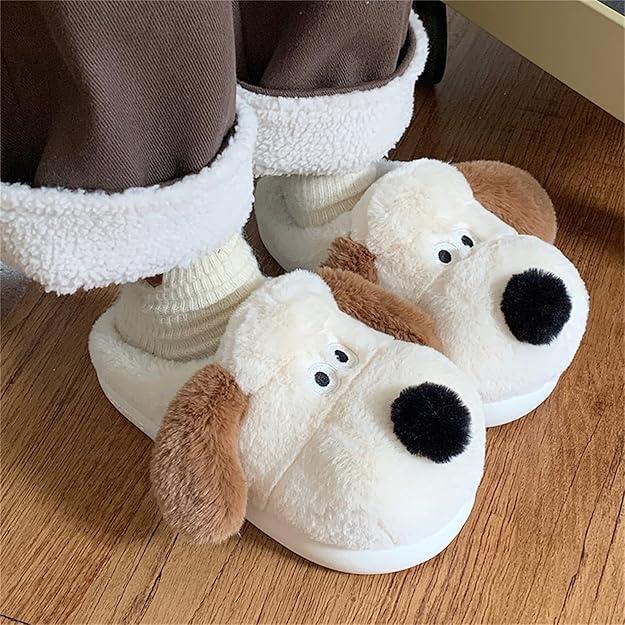 Women's Cute Fall Winter Indoor Slippers with 3D Dog Shaped Design in Light Beige - Thick Anti-Slip Warm Plush Slippers,Girl Footwear Walking Shoes