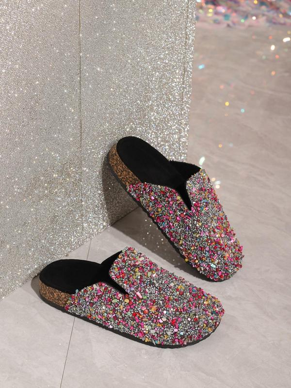 Women's Fashionable Rhinestone & Sequins Decorated Slip on Sandals, Casual Comfortable Flat Sandals for Beach, Fashionable Shoes for Daily Wear