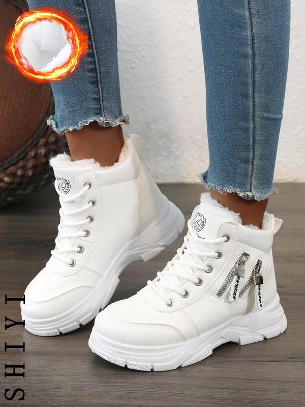 Women's Solid Color Lace Up Snow Boots, Casual Warm Ankle Boots for Winter, Female All-match Round Toe Boots for Daily Wear