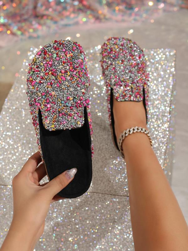 Women's Fashionable Rhinestone & Sequins Decorated Slip on Sandals, Casual Comfortable Flat Sandals for Beach, Fashionable Shoes for Daily Wear