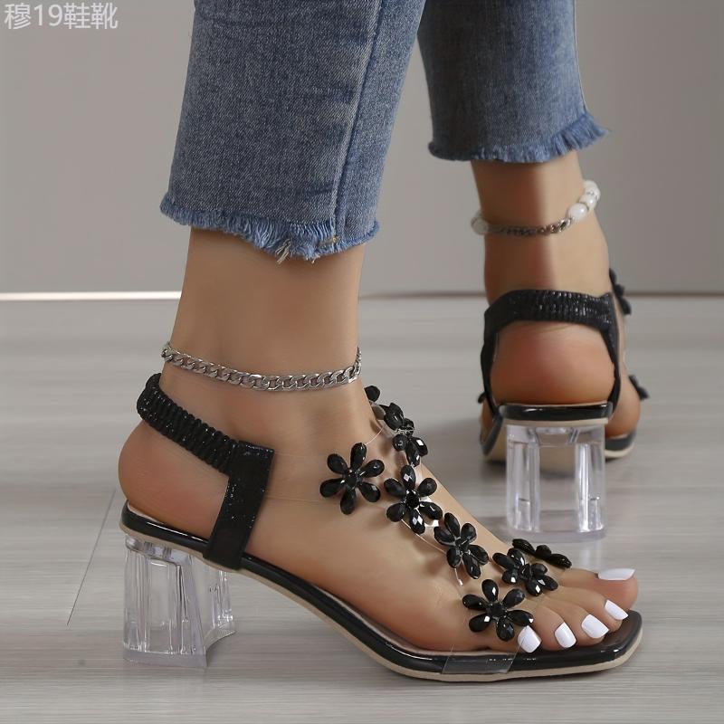 Summer Elegance High Heel Sandals - Sparkling Flower Rhinestone, Square Toe with Transparent Block Heel and Elastic Ankle Strap Footwear Shoe