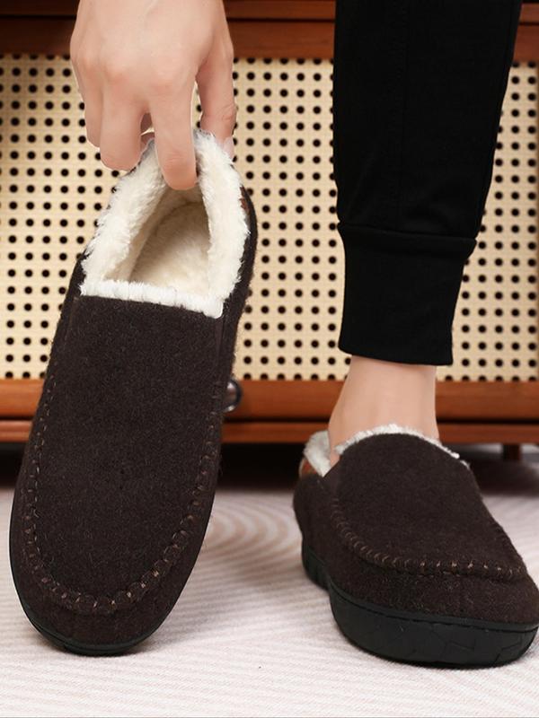 Men's Casual Solid Color Plush Lining Slippers, Non-slip Warm Slippers for Indoor & Outdoor Wear, Fluffy House Shoes for Fall & Winter