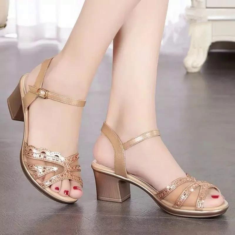 2024 Summer Open Toe Women Thick Heel Shoes Mesh Rhinestone Black Party Fashion Buckle Fish Mouth  Elegant Bling Sandals