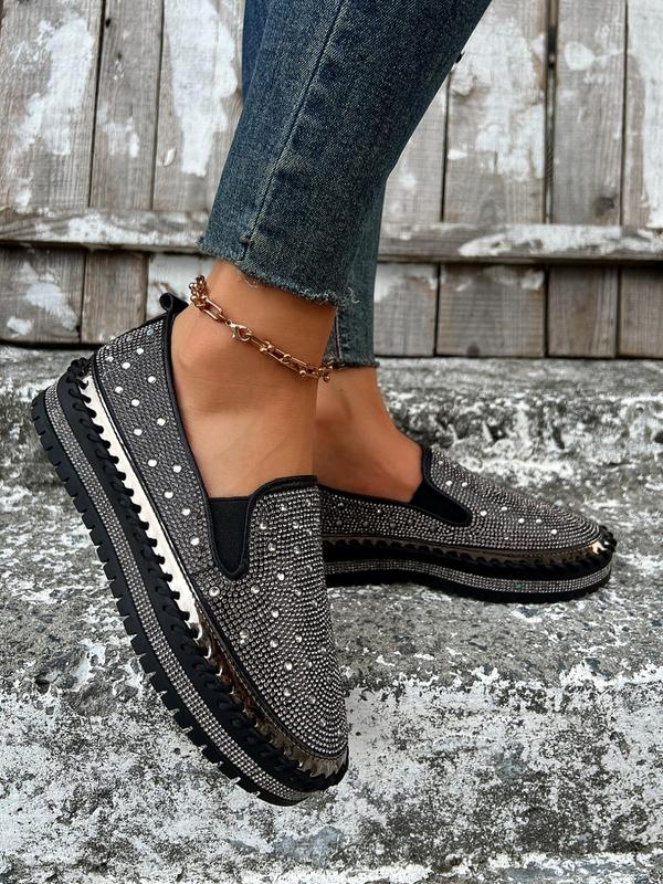 Women's Fashionable Rhinestone Decorated Slip on Loafers, Casual Comfortable Platform Shoes for Daily Wear, Lightweight Breathable Shoes for All Seasons