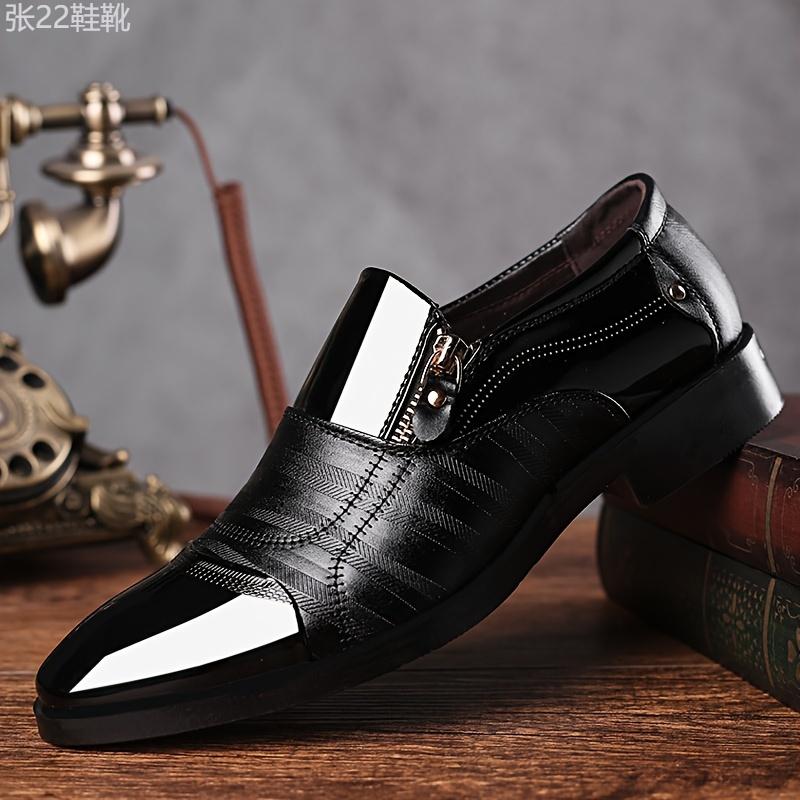 Fashionable Mens Dress Shoes with Stylish Zipper Accent - Durable Slip-On Design for Business & Office - Comfortable Anti-Slip PU Leather Upper for All-Day Wear Boy Footwear Walking Shoes Closed Work Rubber Pedal Decor