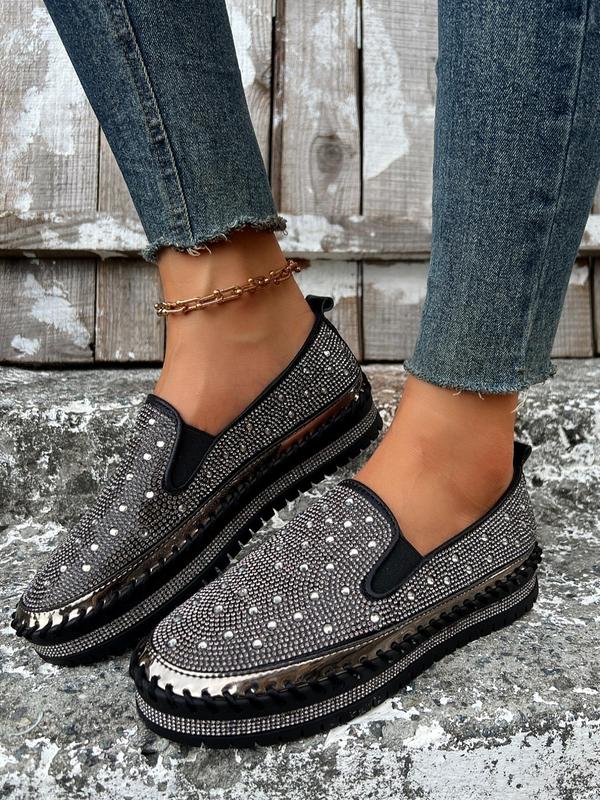 Women's Fashionable Rhinestone Decorated Slip on Loafers, Casual Comfortable Platform Shoes for Daily Wear, Lightweight Breathable Shoes for All Seasons