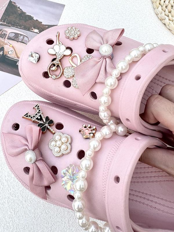 Cute Bowknot & Flower Design Faux Pearl Decor Clogs Charms, 12pcs set Tower & Crown Design Shoes Charms, Shoes Accessories for Clogs DIY for Women & Girls